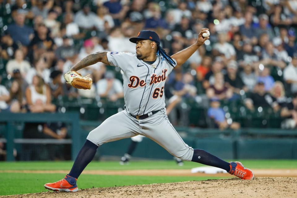 Detroit Tigers relief pitcher Gregory Soto delivers against the Chicago White Sox during the ninth inning at Guaranteed Rate Field in Chicago, July 7, 2022.