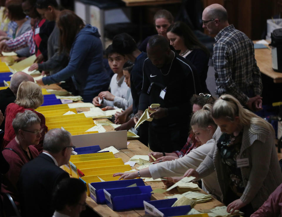 Count volunteers sort ballot papers at Lindley Hall, Westminster, London, as counting begins across the UK in the local council elections.