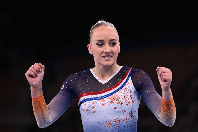 Netherlands' Lieke Wevers celebrates after competing in the artistic gymnastics balance beam event of the women's qualification during the Tokyo 2020 Olympic Games at the Ariake Gymnastics Centre in Tokyo on July 25, 2021. (Photo by Loic VENANCE / AFP) (Photo by LOIC VENANCE/AFP via Getty Images) (Photo: LOIC VENANCE via AFP via Getty Images)