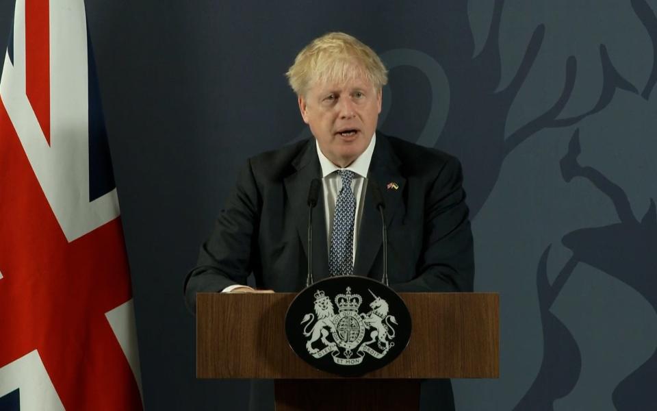 Boris Johnson, the Prime Minister, is pictured delivering a speech in Blackpool today - Sky News