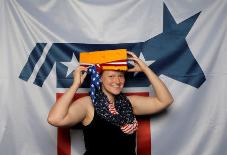 Wisconsin delegate Karla Stoebig poses for a photograph at the Democratic National Convention in Philadelphia, Pennsylvania, United States July 26, 2016. REUTERS/Jim Young