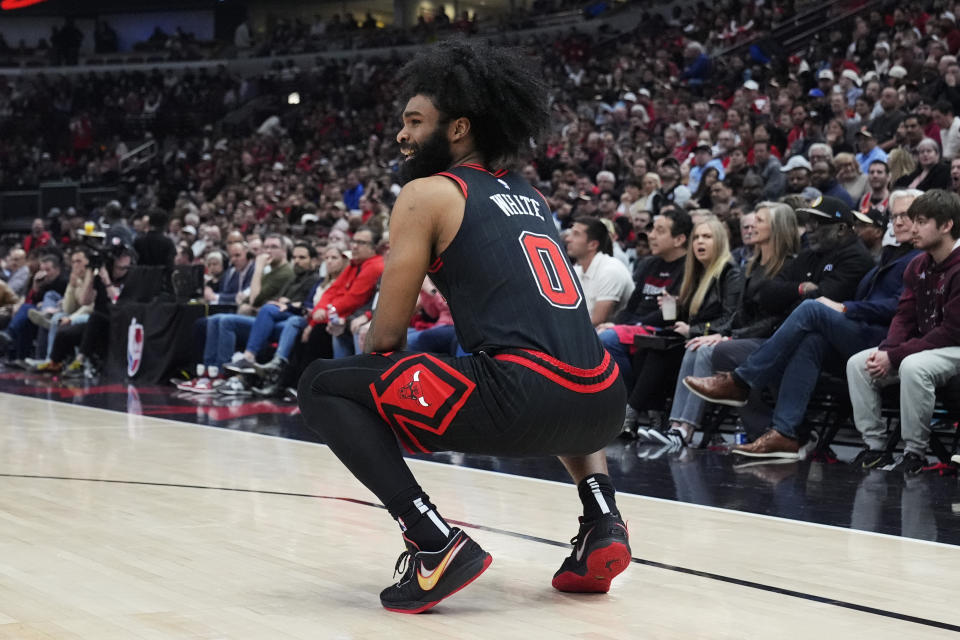 Chicago Bulls guard Coby White reacts to a call during the first half of the team's NBA basketball play-in tournament game against the Atlanta Hawks in Chicago, Wednesday, April 17, 2024. (AP Photo/Nam Y. Huh)