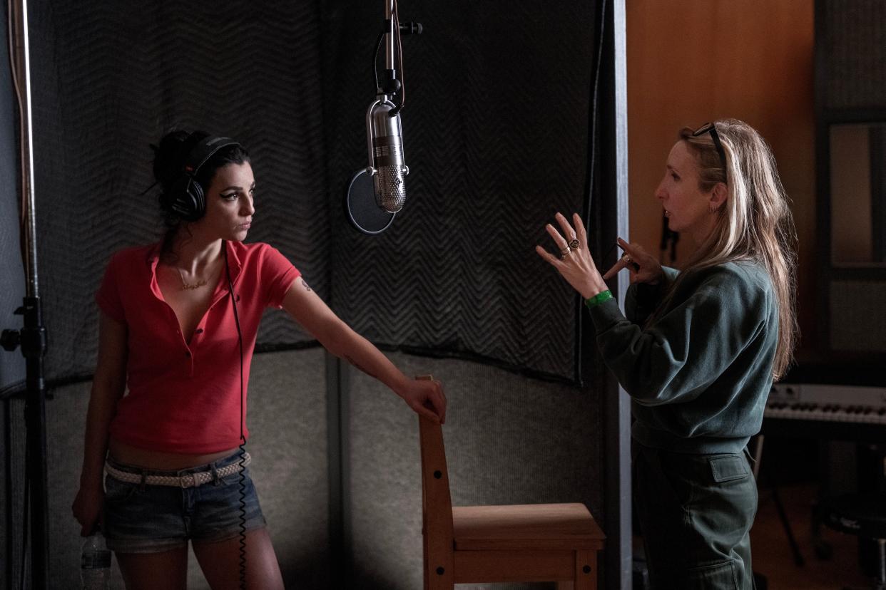 Marisa Abela works with director Sam Taylor-Johnson on the set of "Back to Black," a biopic about the late British soul/jazz singer Amy Winehouse.