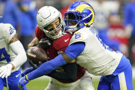 Los Angeles Rams cornerback Jalen Ramsey (5) breaks up a pass intended for Arizona Cardinals tight end Zach Ertz (86) during the first half of an NFL football game, Sunday, Sept. 25, 2022, in Glendale, Ariz. (AP Photo/Ross D. Franklin)