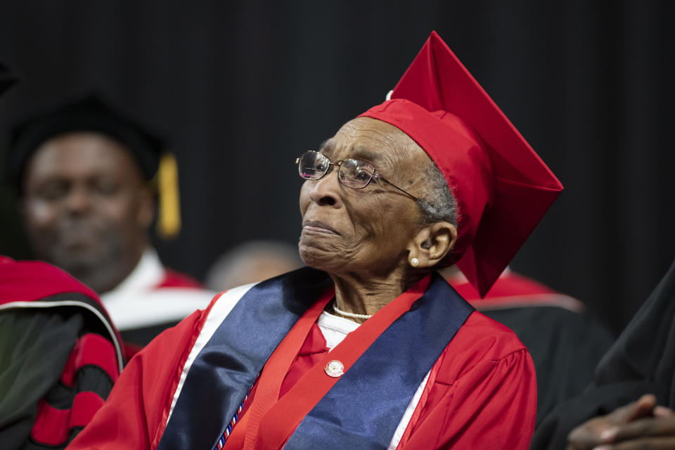 Elizabeth Barker Johnson sat on stage at the Winston-Salem’s Lawrence Joel Veterans Memorial Coliseum on May 10 with other special guests. (Credit: Winston-Salem State University)