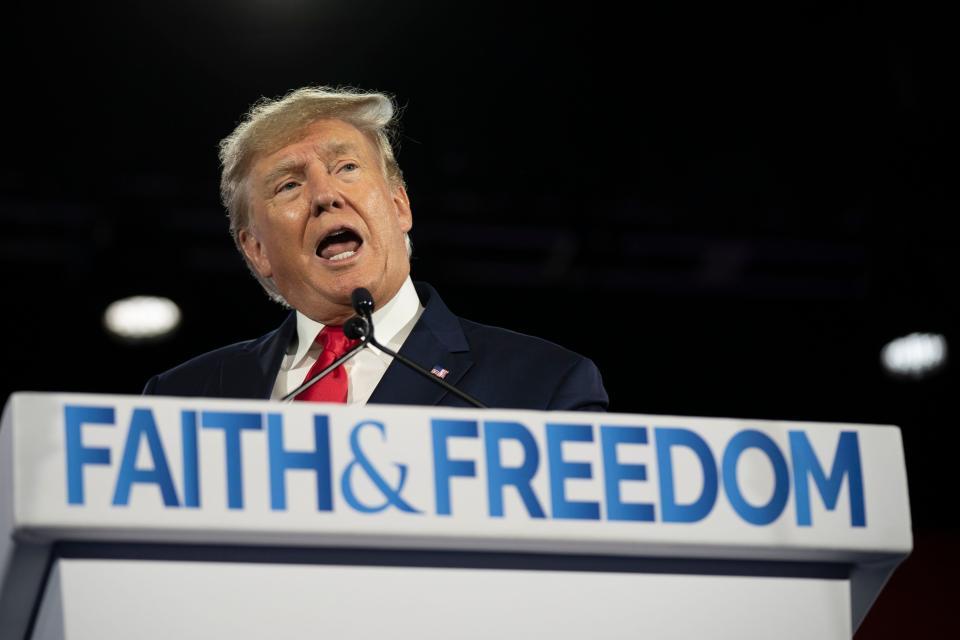 Former President Donald Trump addresses the participants at the Road to Majority conference at Gaylord Opryland Resort & Convention Center Friday, June 17, 2022, in Nashville, Tenn. 