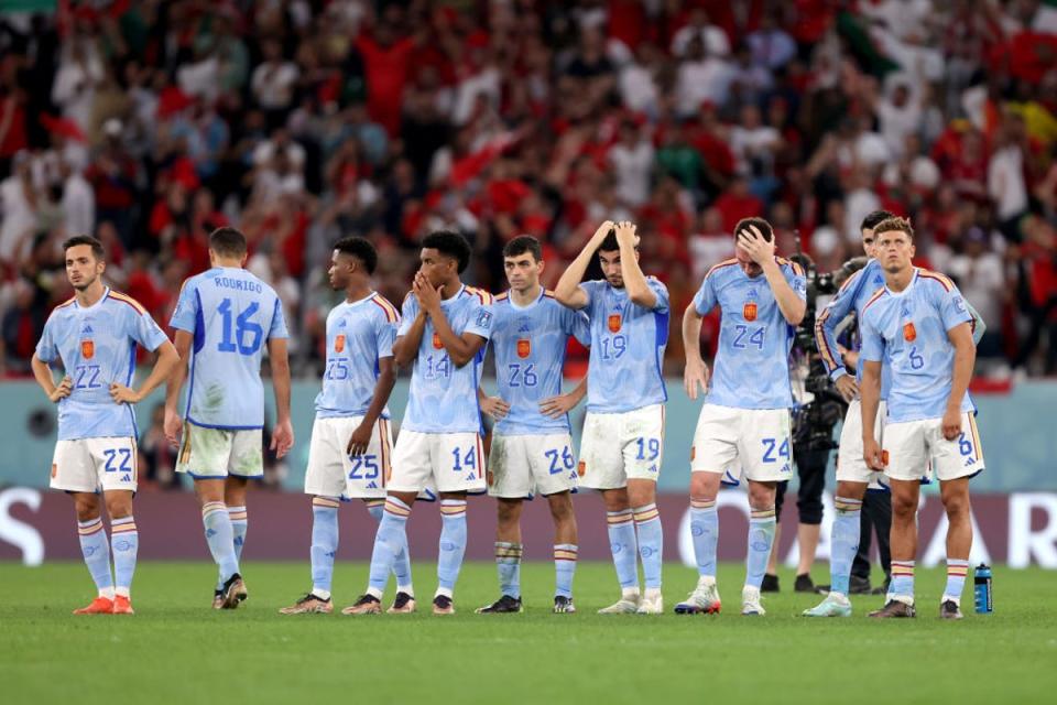 Spain players react to their shootout deefat by Morocco (Getty Images)