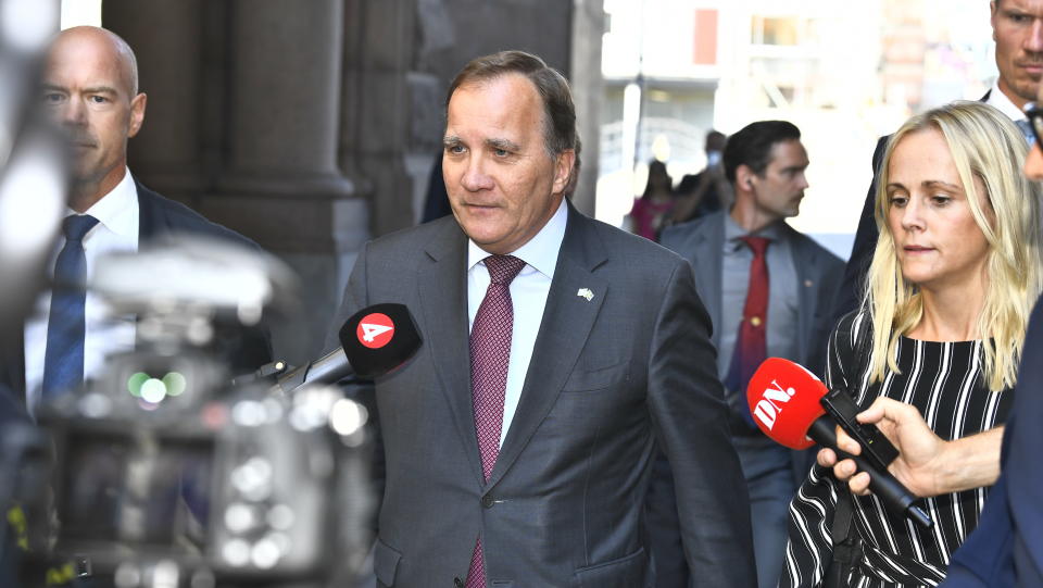 Sweden's Prime Minister Stefan Lofven arrives at the Parliament in Stockholm, Sweden, Tuesday June 29, 2021. (Claudio Bresciani / TT via AP)