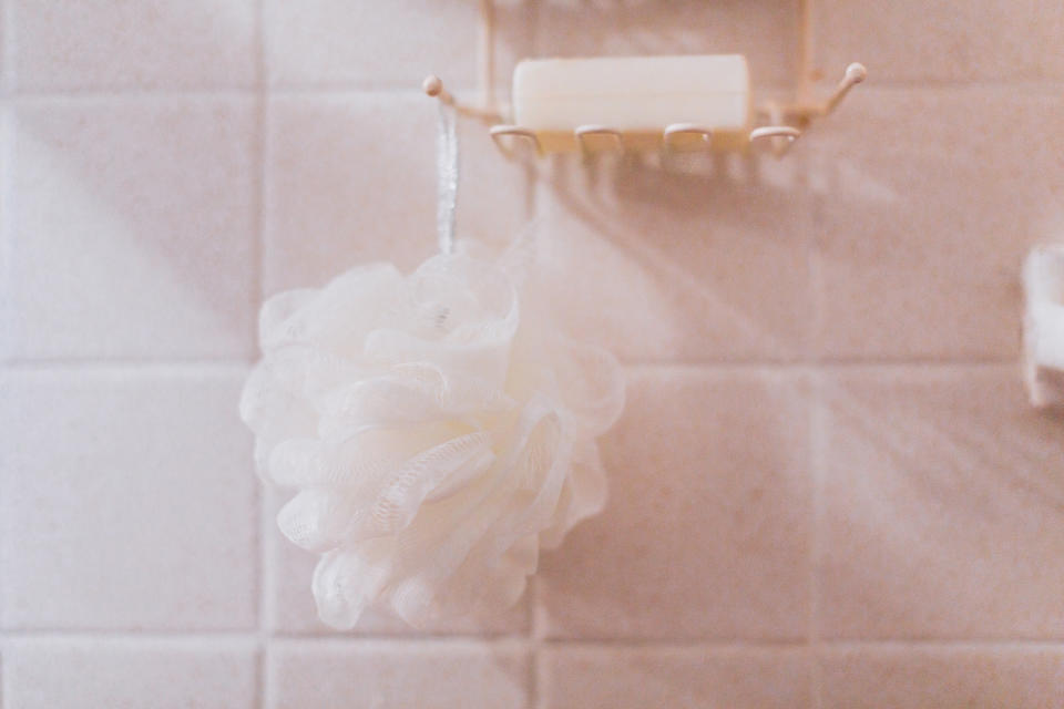 Body wash vs. bar soap: Loofah hanging from shower caddy in bathroom. Bar of soap present. Conceptual image for showering, bathing, cleanliness and body care.