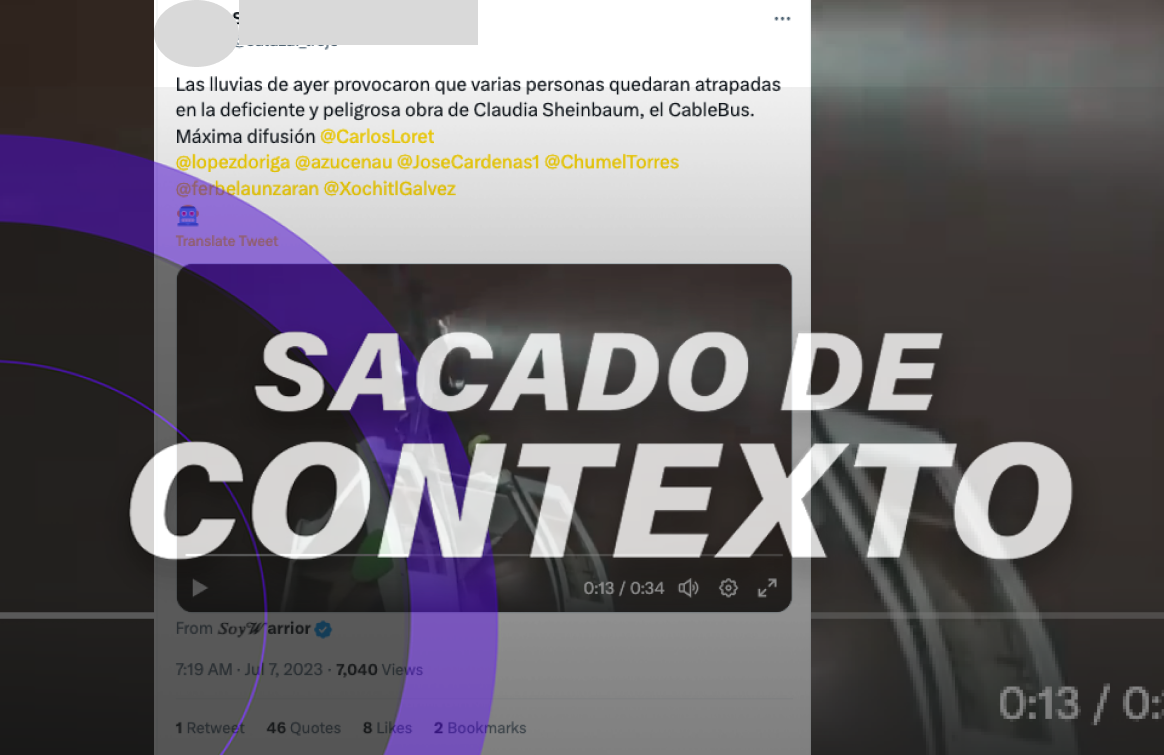 Captura de publicación viral con información sacada de contexto sobre personas atrapadas en Cablebús