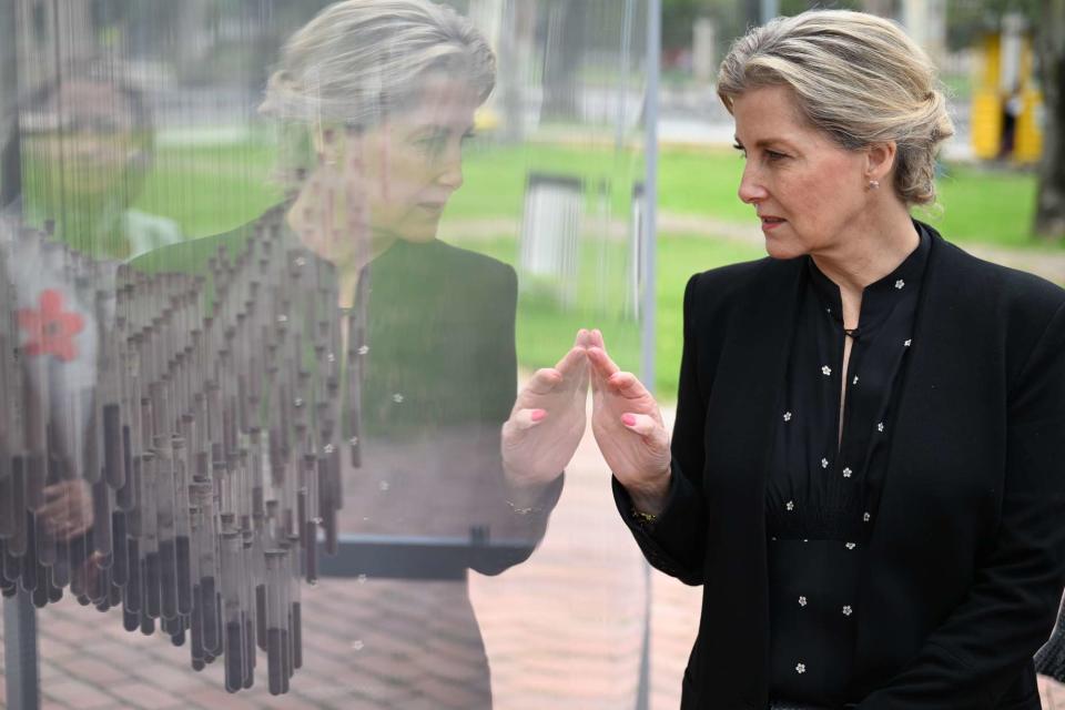 <p>Tim Rooke/Shutterstock</p> Sophie Duchess of Edinburgh, at the Center for Memory, Peace and Reconciliation in Bogata, Colombia, views soil from conflicts around the region