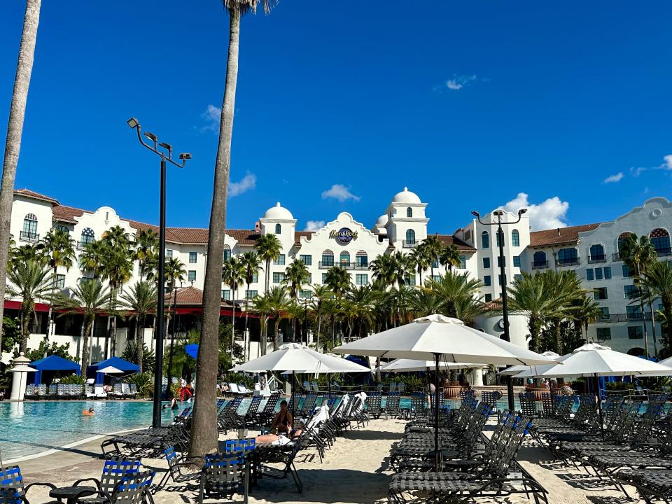 exterior shot of the pool and back of the building at hard rock hotel in universal orlando