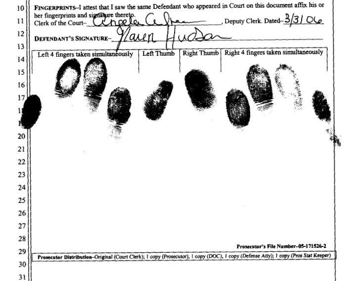 Raven Hudson's fingerprints on the sentencing paperwork after she was sentenced in 2006 for the murder of Janet Eaton.