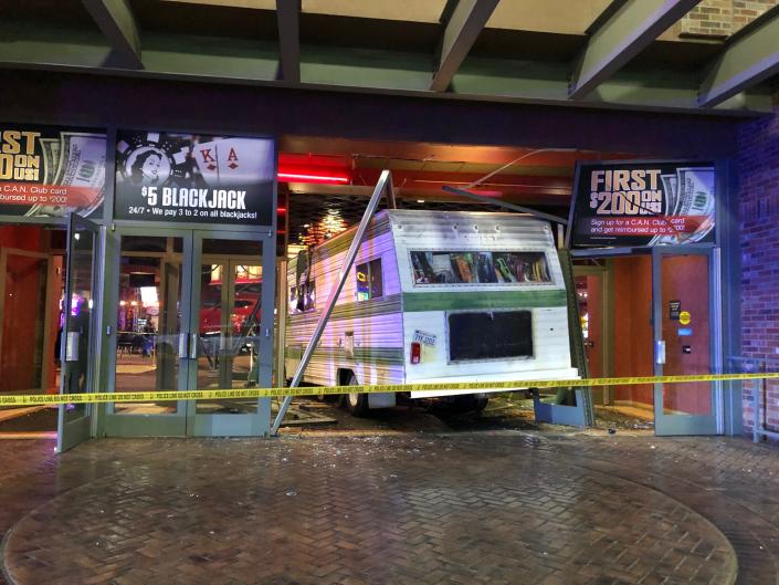 Police say a woman upset about getting kicked out of a Las Vegas casino drove her Winnebago motorhome through the front doors and ran over an elderly custodian.
