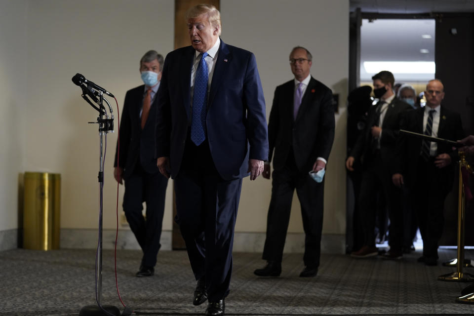 President Donald Trump arrives to speak during a visit to Capitol Hill to meet with Republican lawmakers, Tuesday, May 19, 2020, in Washington. (AP Photo/Evan Vucci)