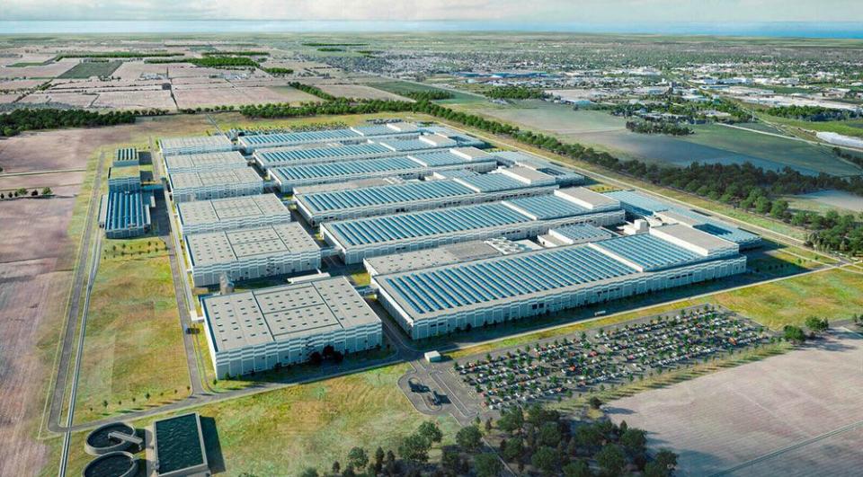  Covering an area the size of 210 soccer fields, Volkswagen’s new planned electric vehicle battery plant in St. Thomas is shown in this concept image.