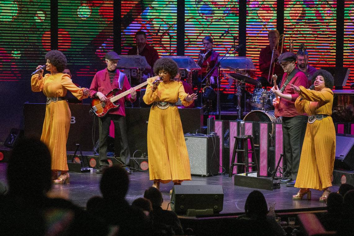 Alyssa Byers, from left, Cherise Coaches and Jessica Brooke Seals perform as the “Sweet Inspirations,” during the show.