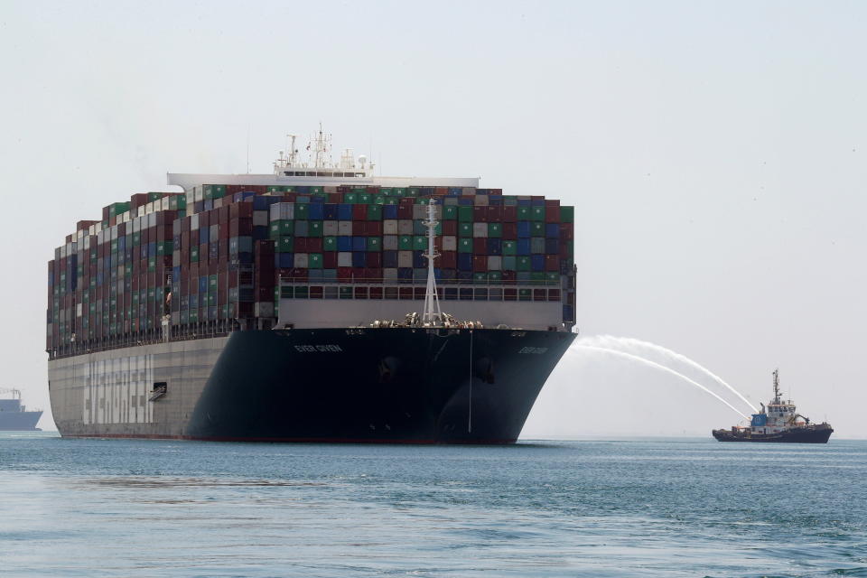 Ever Given, one of the world's largest container ships, sets sail to leave at the Suez Canal after the canal authority reached a settlement with the vessel's owner and insurers, in Egypt's Great Bitter Lake in Ismailia, Egypt, July 7, 2021. REUTERS/Amr Abdallah Dalsh