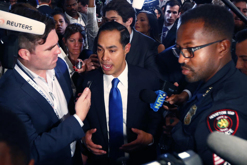 Juliàn Castro interviewed after the debate in Houston. (Photo: Jonathan Bachman/Reuters)