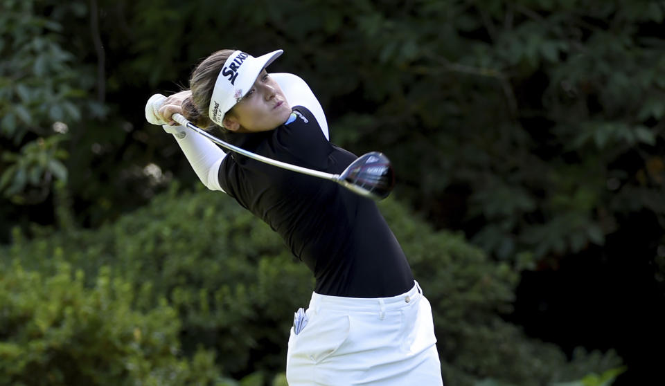 Hannah Green, of Australia, hits her tee shot on the fifth hole during the final round of the LPGA Cambia Portland Classic golf tournament in Portland, Ore., Sunday, Sept. 1, 2019. (AP Photo/Steve Dykes)