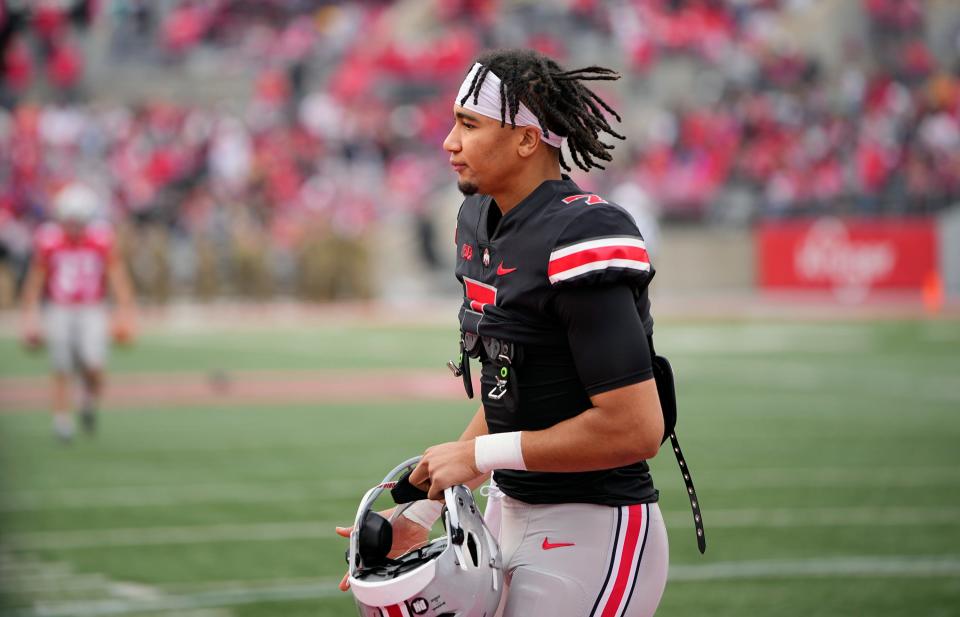 Ohio State Buckeyes quarterback C.J. Stroud (7) warms up during the spring football game at Ohio Stadium in Columbus on April 16, 2022.