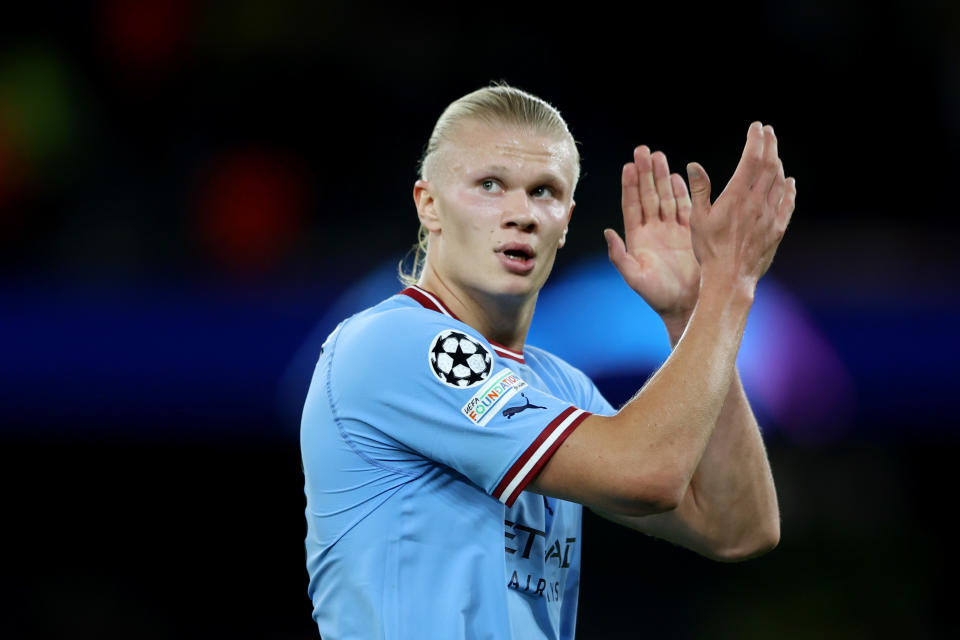 Seen here, Erling Haaland applauding fans after Manchester City's Champions League victory over Borussia Dortmund. 