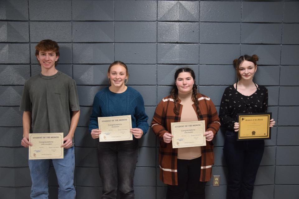 (From left) Cheboygan High School senior Colton Cunningham, freshman Elise Markham, junior JoLynn Woollard and Inverness Academy senior Kara Sanders were the students of the month celebrated during the Feb. 26 Cheboygan Area Schools Board of Education meeting.