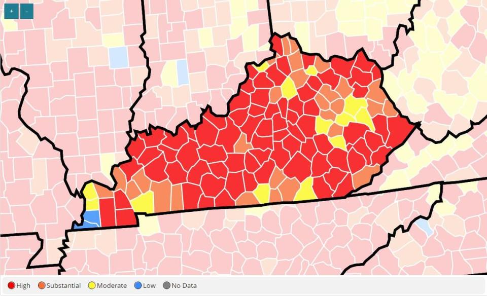 All but 15 of Kentucky’s 120 counties were experiencing high or substantial rates of transmission of the COVID-19 virus in the last week of July, 2021.