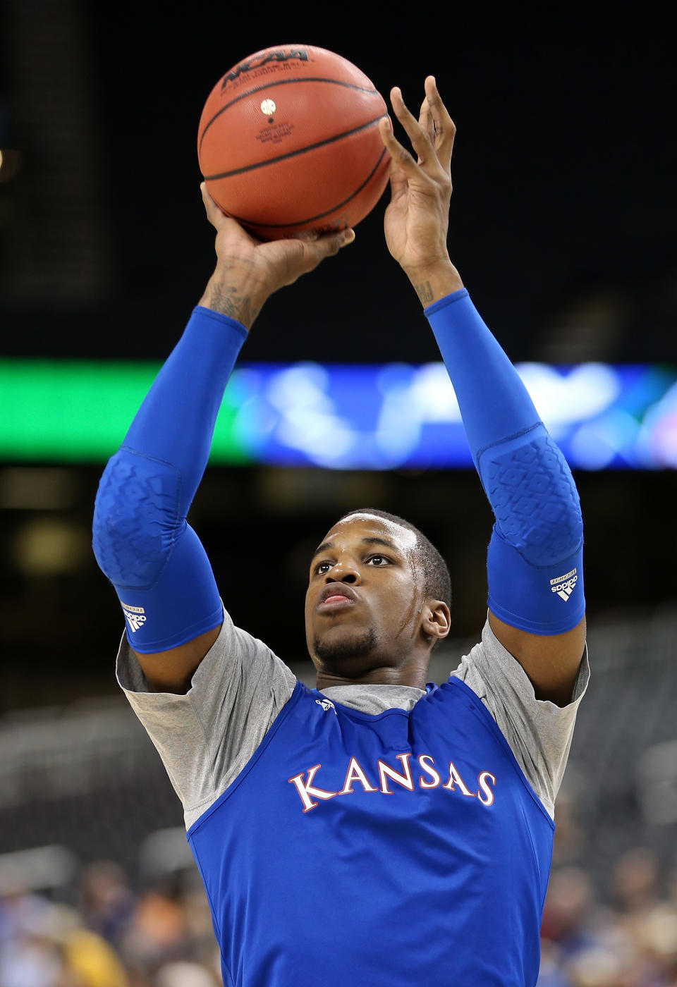 NEW ORLEANS, LA - MARCH 30: Thomas Robinson #0 of the Kansas Jayhawks shoots the ball during practice prior to the 2012 Final Four of the NCAA Division I Men's Basketball Tournament at the Mercedes-Benz Superdome on March 30, 2012 in New Orleans, Louisiana. (Photo by Jeff Gross/Getty Images)