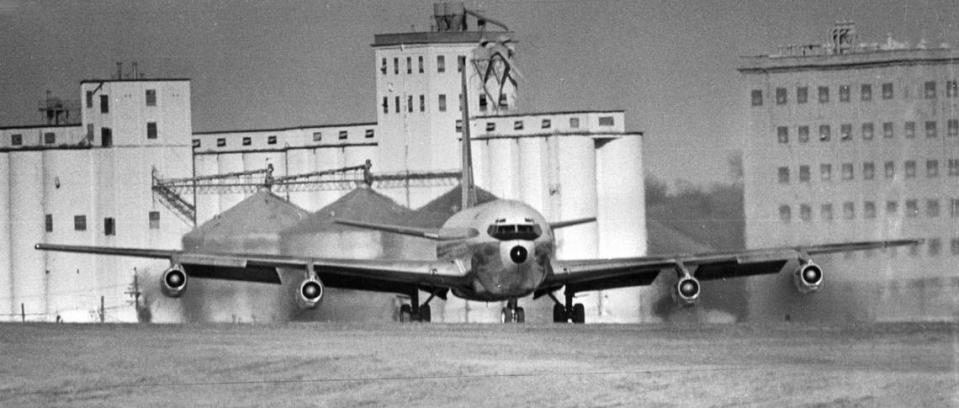 In a photo from 1970, thick, black exhaust can be seen from a jet plane revving its engines before takeoff at the Municipal Air Terminal, now Charles B. Wheeler Downtown Airport, in Kansas City. Modern jet engines now produce far less pollution than those flying 50 years ago.