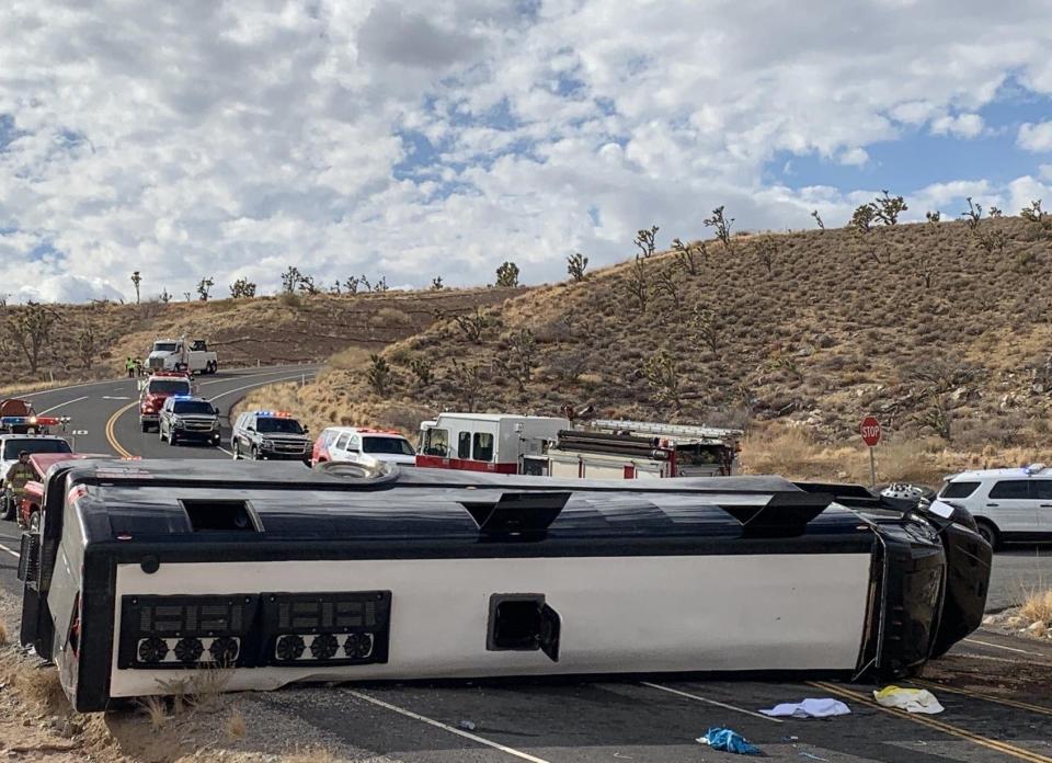 A tour bus heading to Grand Canyon West  rolled and landed on its side near Dolan Springs on Jan. 22, 2021.