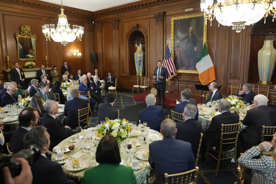 Ireland's Taoiseach Leo Varadkar speaks at a Friends of Ireland luncheon with President Joe Biden, not pictured, on Capitol Hill, Friday, March 15, 2024, in Washington. (AP Photo/Andrew Harnik)