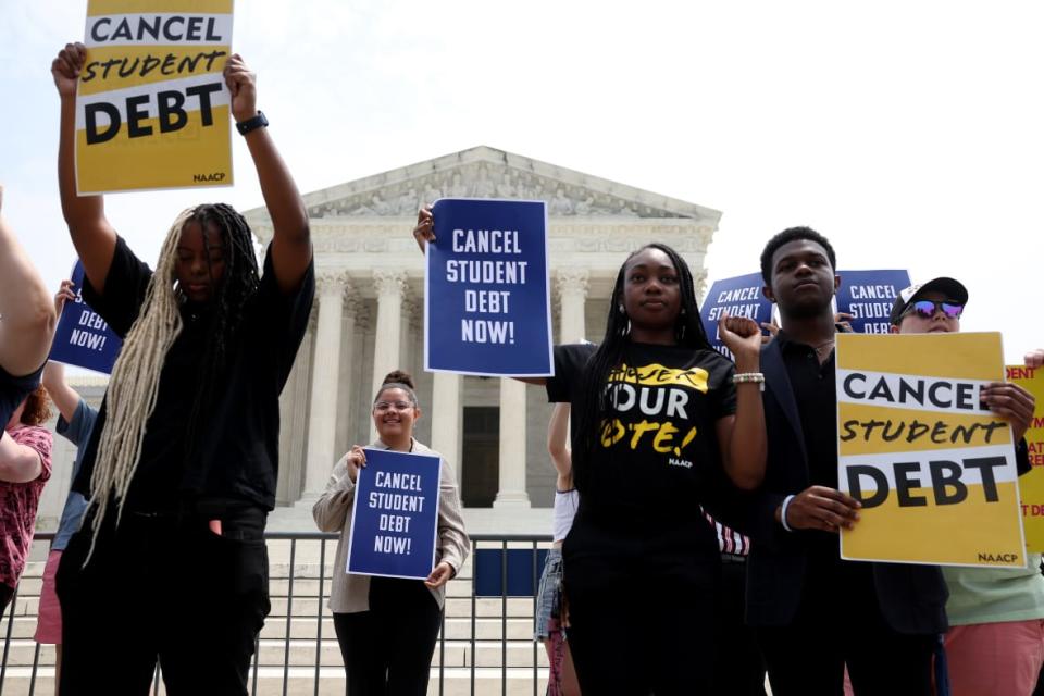 Student debt relief activists participate in a rally at the U.S. Supreme Court on June 30, 2023 in Washington, DC. In a 6-3 decision, the Supreme Court struck down the Biden administration’s student debt forgiveness program in Biden v. Nebraska. (Photo by Kevin Dietsch/Getty Images)