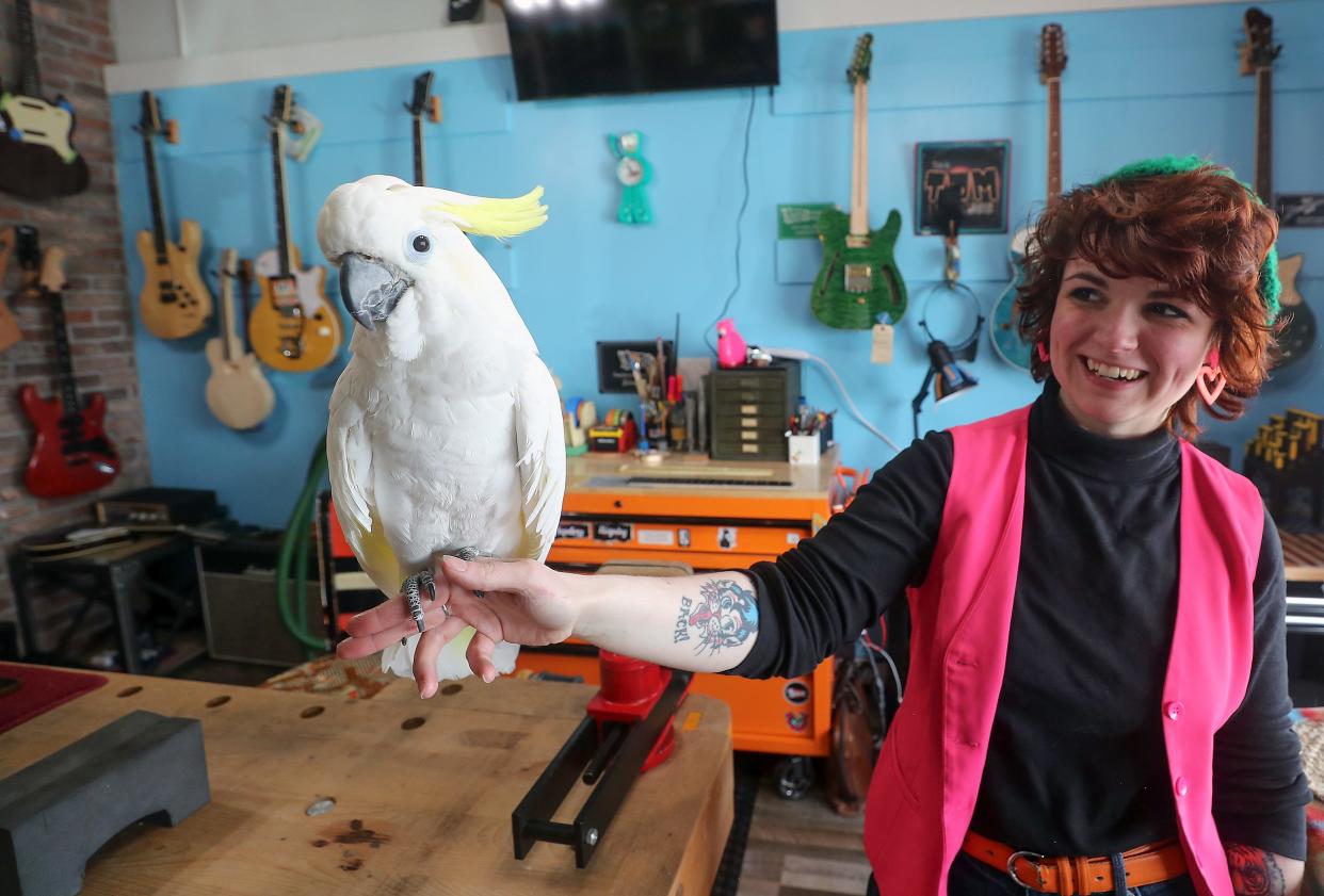 Cockatoo poses for a portrait while being held by Cheyenne Sibitzky at TV Jones in Poulsbo on Thursday, April 11, 2024.