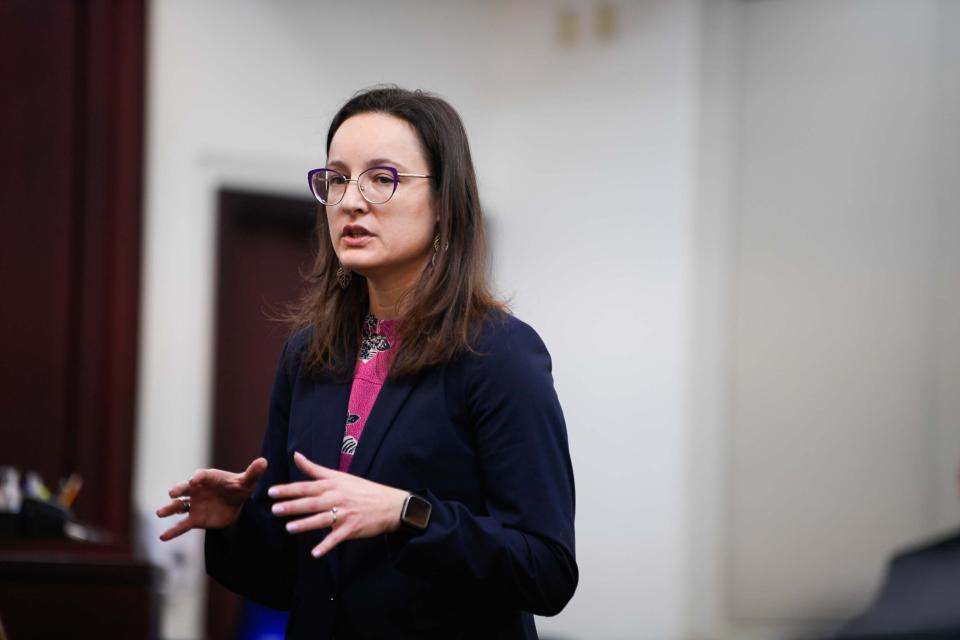 Defense attorney Georgia Sims, representing  Devaunte Lewis Hill's case, gives her opening statements to the jury at Justice A.A. Birch Building  in Nashville, Tenn., Wednesday, Jan. 25, 2023. 