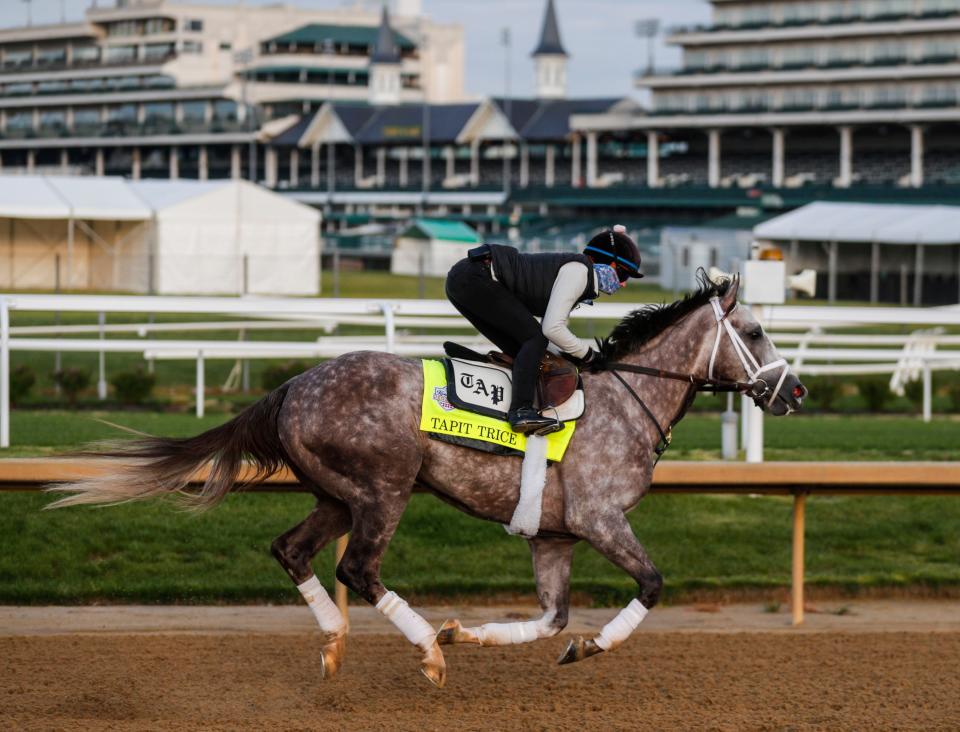 Kentucky Derby contender Tapit Trice on the track on Sunday. April 23 2023 at Churchill Downs. Tapit Trice, trained by Todd Pletcher, won the Toyota Blue Grass Stakes in April and the Lambholm South Tampa Bay Derby in March.