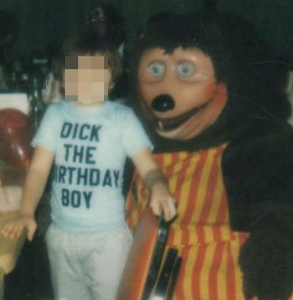 boy's shirt says, Dick the birthday boy