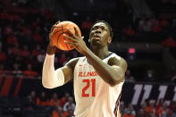 Illinois 's Kofi Cockburn looks to the basket during the first half of an NCAA college basketball exhibition game against St. Francis (IL) Saturday, Oct. 23, 2021, in Champaign, Ill. (AP Photo/Charles Rex Arbogast)