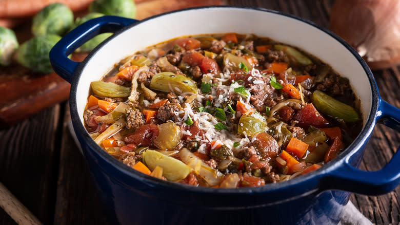 Stew in a blue dutch oven