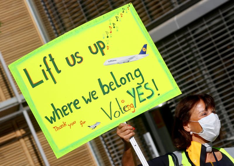 Employees of Lufthansa protest against planned job cuts in Frankfurt