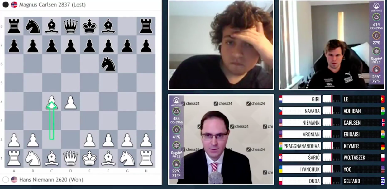 Magnus Carlsen (top right) resigned his game against Hans Niemann (top left) after just one move.