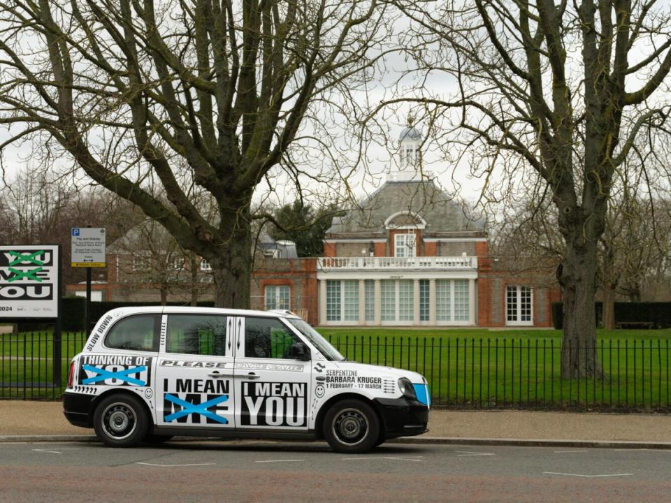 A fleet of taxis emblazoned with Kruger’s work will drive around London for the duration of the exhibition (handout)