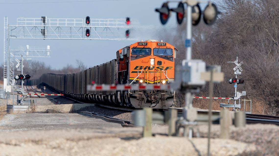 The railroad crossings at Norton Creek Road, foreground, and T Road in Chase County, Kansas, often get blocked by BNSF trains that stop there and block both crossings. When a Chase County sheriff ticketed one of the trains, BNSF challenged the $4,200 ticket in court.