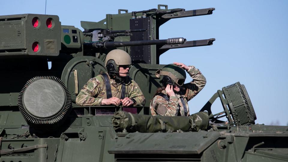 U.S. soldiers sit in an M-SHORAD Stryker vehicle on March 1, 2022, in Kazlu Ruda, Lithuania. (Paulius Peleckis/Getty Images)