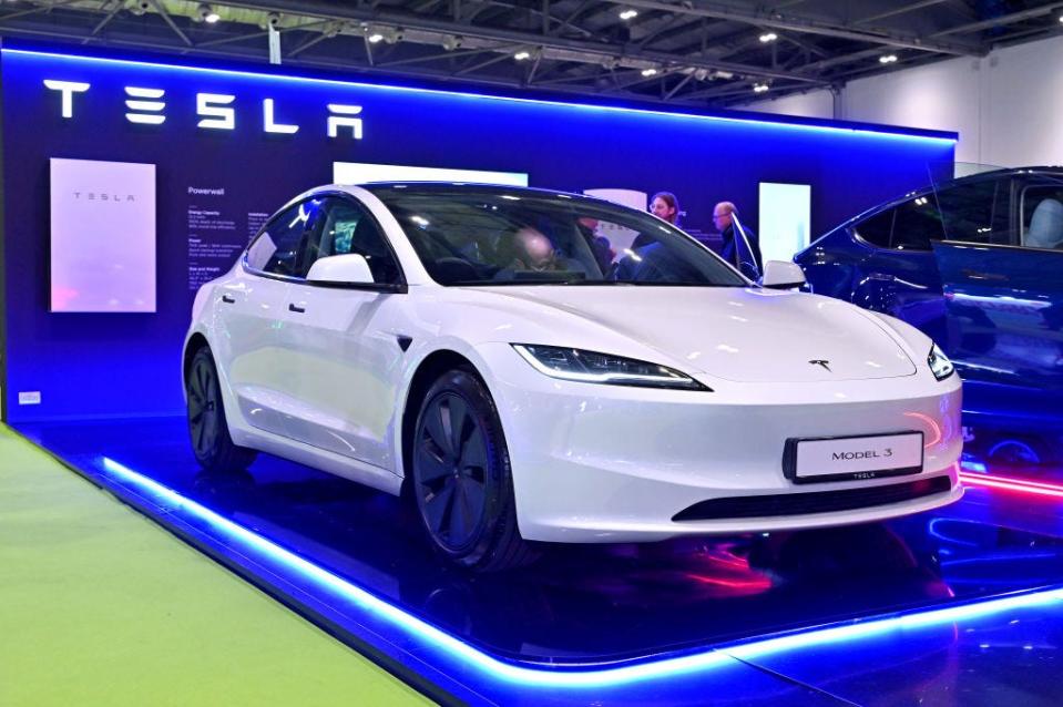 A Tesla Model 3 fully electric EV car is displayed during the Everything Electric London 2024 at ExCel on March 28, 2024 in London, England.