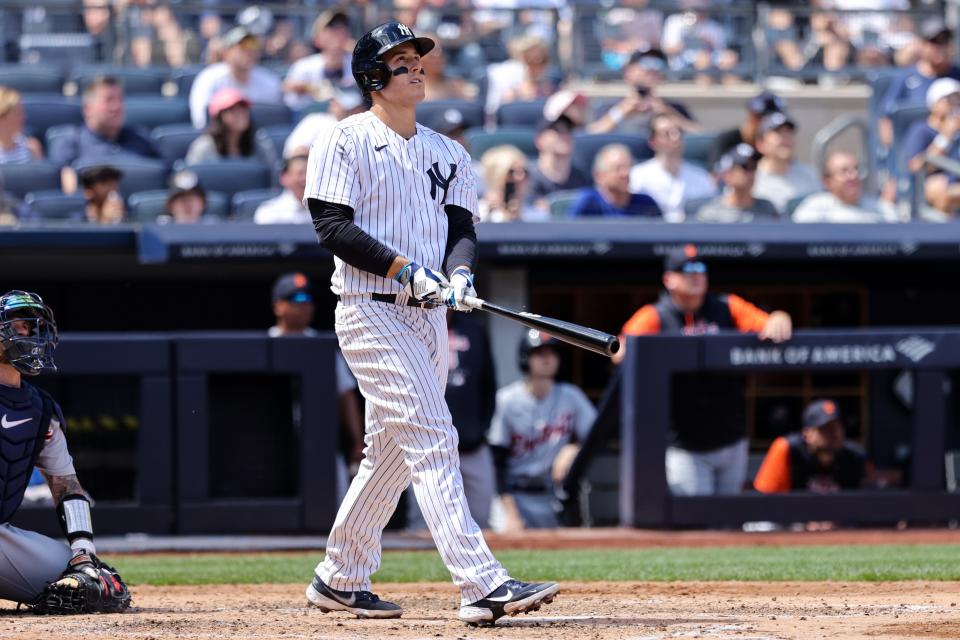 New York Yankees first baseman Anthony Rizzo (48) watches his home run against the Detroit Tigers during the sixth inning at Yankee Stadium on June 4, 2022.