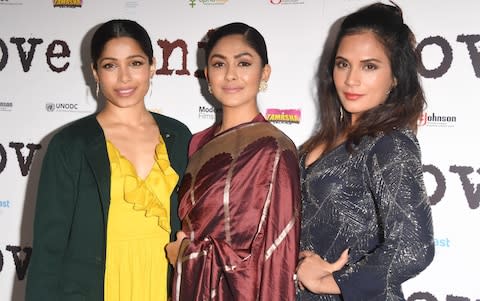 Freida Pinto with Love Sonia co-stars Mrunal Thakur and Richa Chadha at the UK Premiere  - Credit: Getty