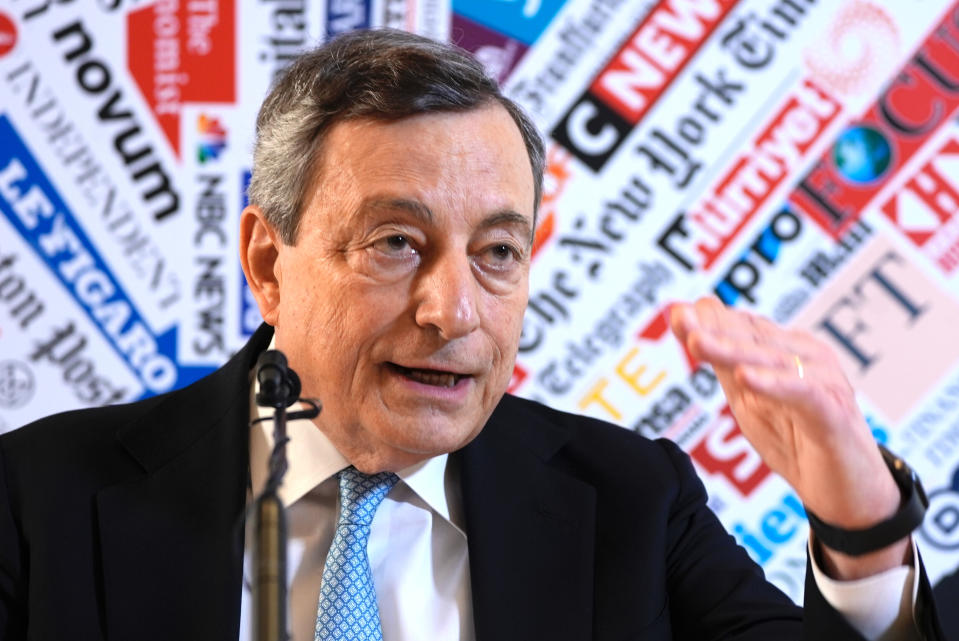 Italian Premier Mario Draghi attends a press conference at the Foreign Press Club in Rome, Thursday, March 31, 2022. (AP Photo/Domenico Stinellis)