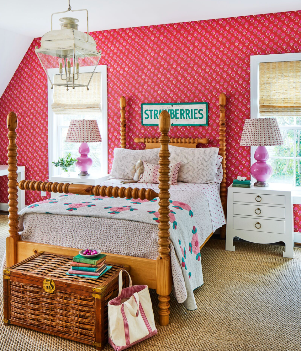 pink bedroom with pieced quilt