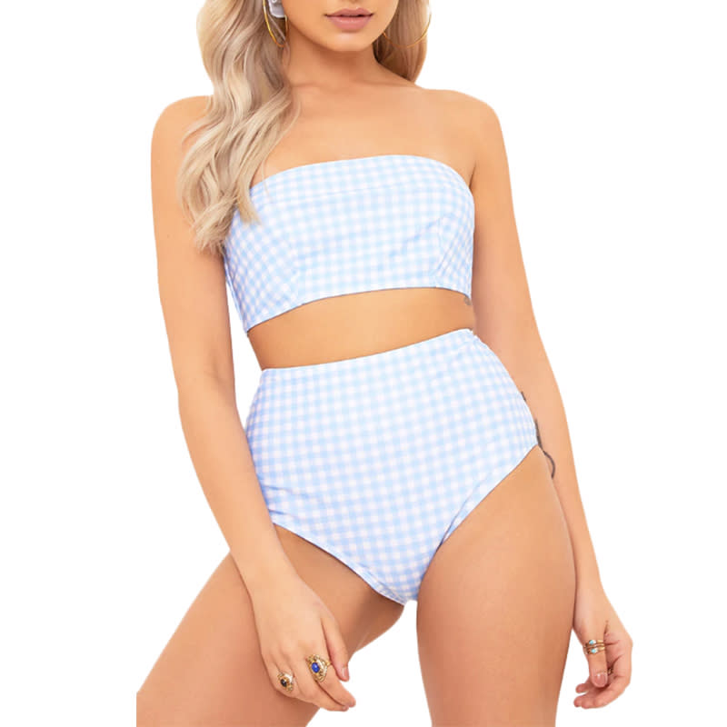 <p><a rel="nofollow noopener" href="http://rstyle.me/n/cp3rwsjduw" target="_blank" data-ylk="slk:Pretty Little Thing Kamara Gingham Bandeau Top;elm:context_link;itc:0;sec:content-canvas" class="link ">Pretty Little Thing Kamara Gingham Bandeau Top</a>, $21; <a rel="nofollow noopener" href="http://rstyle.me/n/cp3rw6jduw" target="_blank" data-ylk="slk:Kamara Gingham High-Waisted Bottoms;elm:context_link;itc:0;sec:content-canvas" class="link ">Kamara Gingham High-Waisted Bottoms</a>, $21</p>